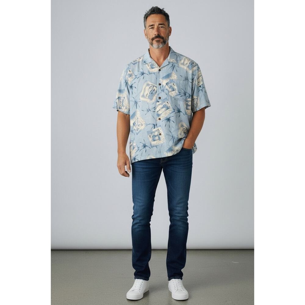 Bermuda Bay Hawaiian Camp Shirt Size XXL  Postcard Print Coconut Buttons Silk